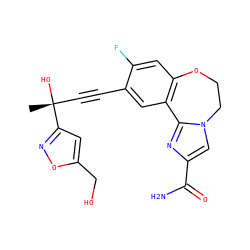 C[C@@](O)(C#Cc1cc2c(cc1F)OCCn1cc(C(N)=O)nc1-2)c1cc(CO)on1 ZINC000205784540