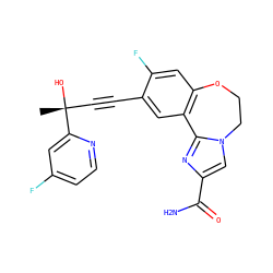 C[C@@](O)(C#Cc1cc2c(cc1F)OCCn1cc(C(N)=O)nc1-2)c1cc(F)ccn1 ZINC000215749465