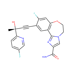 C[C@@](O)(C#Cc1cc2c(cc1F)OCCn1cc(C(N)=O)nc1-2)c1ccc(F)cn1 ZINC000219496268