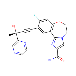 C[C@@](O)(C#Cc1cc2c(cc1F)OCCn1cc(C(N)=O)nc1-2)c1cnccn1 ZINC000205787535