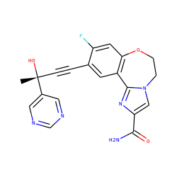 C[C@@](O)(C#Cc1cc2c(cc1F)OCCn1cc(C(N)=O)nc1-2)c1cncnc1 ZINC000205787499