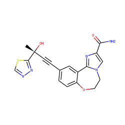 C[C@@](O)(C#Cc1ccc2c(c1)-c1nc(C(N)=O)cn1CCO2)c1nncs1 ZINC000215751610