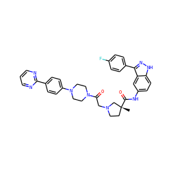 C[C@@]1(C(=O)Nc2ccc3[nH]nc(-c4ccc(F)cc4)c3c2)CCN(CC(=O)N2CCN(c3ccc(-c4ncccn4)cc3)CC2)C1 ZINC000148212340