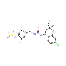 C[C@@]1(CF)C[C@@H](NC(=O)NCc2ccc(NS(C)(=O)=O)c(F)c2)c2ccc(Cl)cc2O1 ZINC000169704452