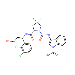 C[C@@]1(F)C[C@@H](C(=O)N[C@H](CCO)c2cccc(Cl)c2F)N(C(=O)Nc2cn(C(N)=O)c3ccccc23)C1 ZINC000148049480