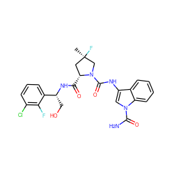 C[C@@]1(F)C[C@@H](C(=O)N[C@H](CO)c2cccc(Cl)c2F)N(C(=O)Nc2cn(C(N)=O)c3ccccc23)C1 ZINC000148300604
