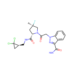 C[C@@]1(F)C[C@@H](C(=O)NC[C@H]2CC2(Cl)Cl)N(C(=O)Cn2nc(C(N)=O)c3ccccc32)C1 ZINC000210889415
