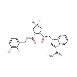 C[C@@]1(F)C[C@@H](C(=O)NCc2cccc(Cl)c2F)N(C(=O)Cn2cc(C(N)=O)c3ccccc32)C1 ZINC000148385966