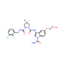 C[C@@]1(F)C[C@@H](C(=O)NCc2cccc(Cl)c2F)N(C(=O)Nc2cn(C(N)=O)c3ccc(OCCO)cc23)C1 ZINC000205051617