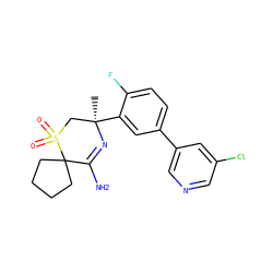 C[C@@]1(c2cc(-c3cncc(Cl)c3)ccc2F)CS(=O)(=O)C2(CCCC2)C(N)=N1 ZINC000207726392