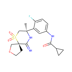 C[C@@]1(c2cc(NC(=O)C3CC3)ccc2F)CS(=O)(=O)[C@]2(CCOC2)C(=N)N1 ZINC000147257678