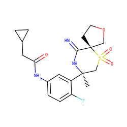 C[C@@]1(c2cc(NC(=O)CC3CC3)ccc2F)CS(=O)(=O)[C@]2(CCOC2)C(=N)N1 ZINC000147245936