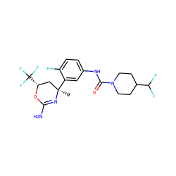 C[C@@]1(c2cc(NC(=O)N3CCC(C(F)F)CC3)ccc2F)C[C@@H](C(F)(F)F)OC(N)=N1 ZINC000223530114