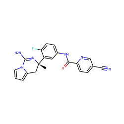 C[C@@]1(c2cc(NC(=O)c3ccc(C#N)cn3)ccc2F)Cc2cccn2C(N)=N1 ZINC000169335916