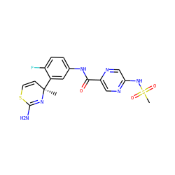 C[C@@]1(c2cc(NC(=O)c3cnc(NS(C)(=O)=O)cn3)ccc2F)C=CSC(N)=N1 ZINC000147121723