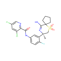 C[C@@]1(c2cc(NC(=O)c3ncc(Cl)cc3Cl)ccc2F)CS(=O)(=O)C2(CCCC2)C(N)=N1 ZINC000207721697