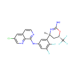 C[C@@]1(c2cc(Nc3nccc4cc(Cl)cnc34)cc(F)c2F)C[C@@H](C(F)(F)F)OC(N)=N1 ZINC000218674763