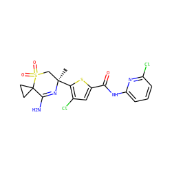 C[C@@]1(c2sc(C(=O)Nc3cccc(Cl)n3)cc2Cl)CS(=O)(=O)C2(CC2)C(N)=N1 ZINC000217748101