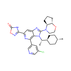 C[C@@H]([C@H]1CC[C@H](C)CC1)n1c(N2CCO[C@H]3CCC[C@@H]32)nc2cc(-c3noc(=O)[nH]3)nc(-c3cncc(Cl)c3)c21 ZINC001772631117