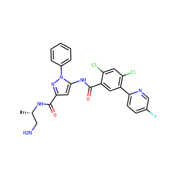 C[C@@H](CN)NC(=O)c1cc(NC(=O)c2cc(-c3ccc(F)cn3)c(Cl)cc2Cl)n(-c2ccccc2)n1 ZINC001772621625