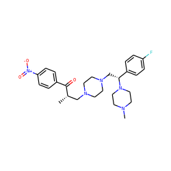 C[C@@H](CN1CCN(C[C@H](c2ccc(F)cc2)N2CCN(C)CC2)CC1)C(=O)c1ccc([N+](=O)[O-])cc1 ZINC000013492787