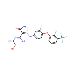 C[C@@H](CO)/N=C(\N)c1c(Nc2ccc(Oc3cccc(C(F)(F)F)c3Cl)c(F)c2)s[nH]c1=O ZINC000034802680