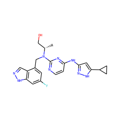 C[C@@H](CO)N(Cc1cc(F)cc2[nH]ncc12)c1nccc(Nc2cc(C3CC3)[nH]n2)n1 ZINC000096270418