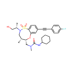 C[C@@H](CO)N1C[C@@H](C)[C@@H](CN(C)C(=O)NC2CCCCC2)Oc2cc(C#Cc3ccc(F)cc3)ccc2S1(=O)=O ZINC000095600575