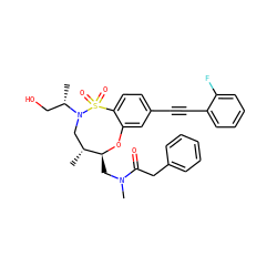 C[C@@H](CO)N1C[C@@H](C)[C@H](CN(C)C(=O)Cc2ccccc2)Oc2cc(C#Cc3ccccc3F)ccc2S1(=O)=O ZINC000095600495