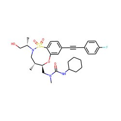 C[C@@H](CO)N1C[C@@H](C)[C@H](CN(C)C(=O)NC2CCCCC2)Oc2cc(C#Cc3ccc(F)cc3)ccc2S1(=O)=O ZINC000095599309