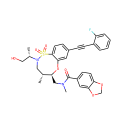C[C@@H](CO)N1C[C@@H](C)[C@H](CN(C)C(=O)c2ccc3c(c2)OCO3)Oc2cc(C#Cc3ccccc3F)ccc2S1(=O)=O ZINC000095600258