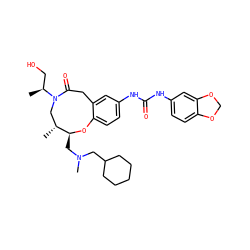 C[C@@H](CO)N1C[C@@H](C)[C@H](CN(C)CC2CCCCC2)Oc2ccc(NC(=O)Nc3ccc4c(c3)OCO4)cc2CC1=O ZINC000095599447