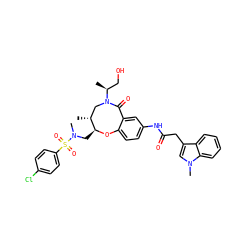 C[C@@H](CO)N1C[C@@H](C)[C@H](CN(C)S(=O)(=O)c2ccc(Cl)cc2)Oc2ccc(NC(=O)Cc3cn(C)c4ccccc34)cc2C1=O ZINC000095755359