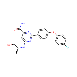 C[C@@H](CO)Nc1cc(C(N)=O)nc(-c2ccc(Oc3ccc(F)cc3)cc2)n1 ZINC000142333986