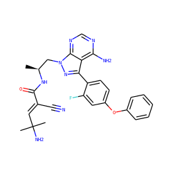 C[C@@H](Cn1nc(-c2ccc(Oc3ccccc3)cc2F)c2c(N)ncnc21)NC(=O)/C(C#N)=C/C(C)(C)N ZINC000205482051