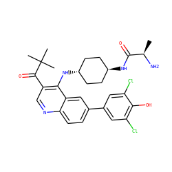 C[C@@H](N)C(=O)N[C@H]1CC[C@H](Nc2c(C(=O)C(C)(C)C)cnc3ccc(-c4cc(Cl)c(O)c(Cl)c4)cc23)CC1 ZINC000473197784