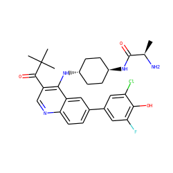 C[C@@H](N)C(=O)N[C@H]1CC[C@H](Nc2c(C(=O)C(C)(C)C)cnc3ccc(-c4cc(F)c(O)c(Cl)c4)cc23)CC1 ZINC000473198578