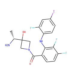C[C@@H](N)C1(O)CN(C(=O)c2ccc(F)c(F)c2Nc2ccc(I)cc2F)C1 ZINC000060325248