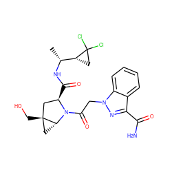 C[C@@H](NC(=O)[C@@H]1C[C@@]2(CO)C[C@H]2N1C(=O)Cn1nc(C(N)=O)c2ccccc21)[C@H]1CC1(Cl)Cl ZINC000210882565