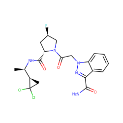 C[C@@H](NC(=O)[C@@H]1C[C@@H](F)CN1C(=O)Cn1nc(C(N)=O)c2ccccc21)[C@H]1CC1(Cl)Cl ZINC000210889322