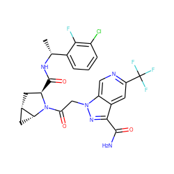C[C@@H](NC(=O)[C@@H]1C[C@H]2C[C@H]2N1C(=O)Cn1nc(C(N)=O)c2cc(C(F)(F)F)ncc21)c1cccc(Cl)c1F ZINC000143871201