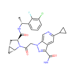 C[C@@H](NC(=O)[C@@H]1C[C@H]2C[C@H]2N1C(=O)Cn1nc(C(N)=O)c2cc(C3CC3)ncc21)c1cccc(Cl)c1F ZINC000143895516