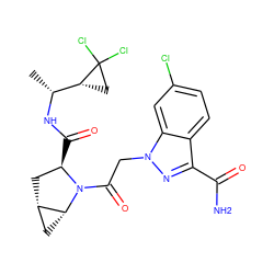 C[C@@H](NC(=O)[C@@H]1C[C@H]2C[C@H]2N1C(=O)Cn1nc(C(N)=O)c2ccc(Cl)cc21)[C@H]1CC1(Cl)Cl ZINC000210882524