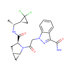 C[C@@H](NC(=O)[C@@H]1C[C@H]2C[C@H]2N1C(=O)Cn1nc(C(N)=O)c2ccccc21)[C@H]1CC1(Cl)Cl ZINC000210866514