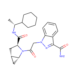 C[C@@H](NC(=O)[C@@H]1C[C@H]2C[C@H]2N1C(=O)Cn1nc(C(N)=O)c2ccccc21)C1CCCCC1 ZINC000210882651