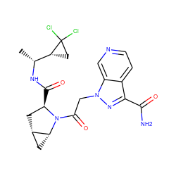 C[C@@H](NC(=O)[C@@H]1C[C@H]2C[C@H]2N1C(=O)Cn1nc(C(N)=O)c2ccncc21)[C@H]1CC1(Cl)Cl ZINC000210866552