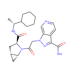 C[C@@H](NC(=O)[C@@H]1C[C@H]2C[C@H]2N1C(=O)Cn1nc(C(N)=O)c2ccncc21)C1CCCCC1 ZINC000210889242