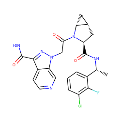 C[C@@H](NC(=O)[C@@H]1C[C@H]2C[C@H]2N1C(=O)Cn1nc(C(N)=O)c2ccncc21)c1cccc(Cl)c1F ZINC000143957115