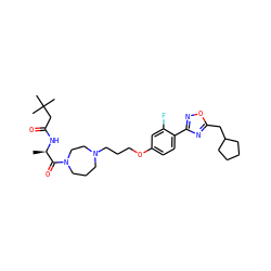 C[C@@H](NC(=O)CC(C)(C)C)C(=O)N1CCCN(CCCOc2ccc(-c3noc(CC4CCCC4)n3)c(F)c2)CC1 ZINC000027744044