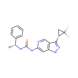 C[C@@H](NC(=O)Nc1cc2[nH]nc([C@@H]3CC3(F)F)c2cn1)c1ccccc1 ZINC000261169250